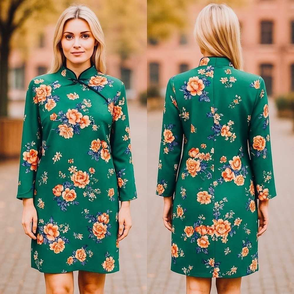 ZARA WOMAN Cheongsam Mini Dress Mandarin Collar Green Floral Size Small